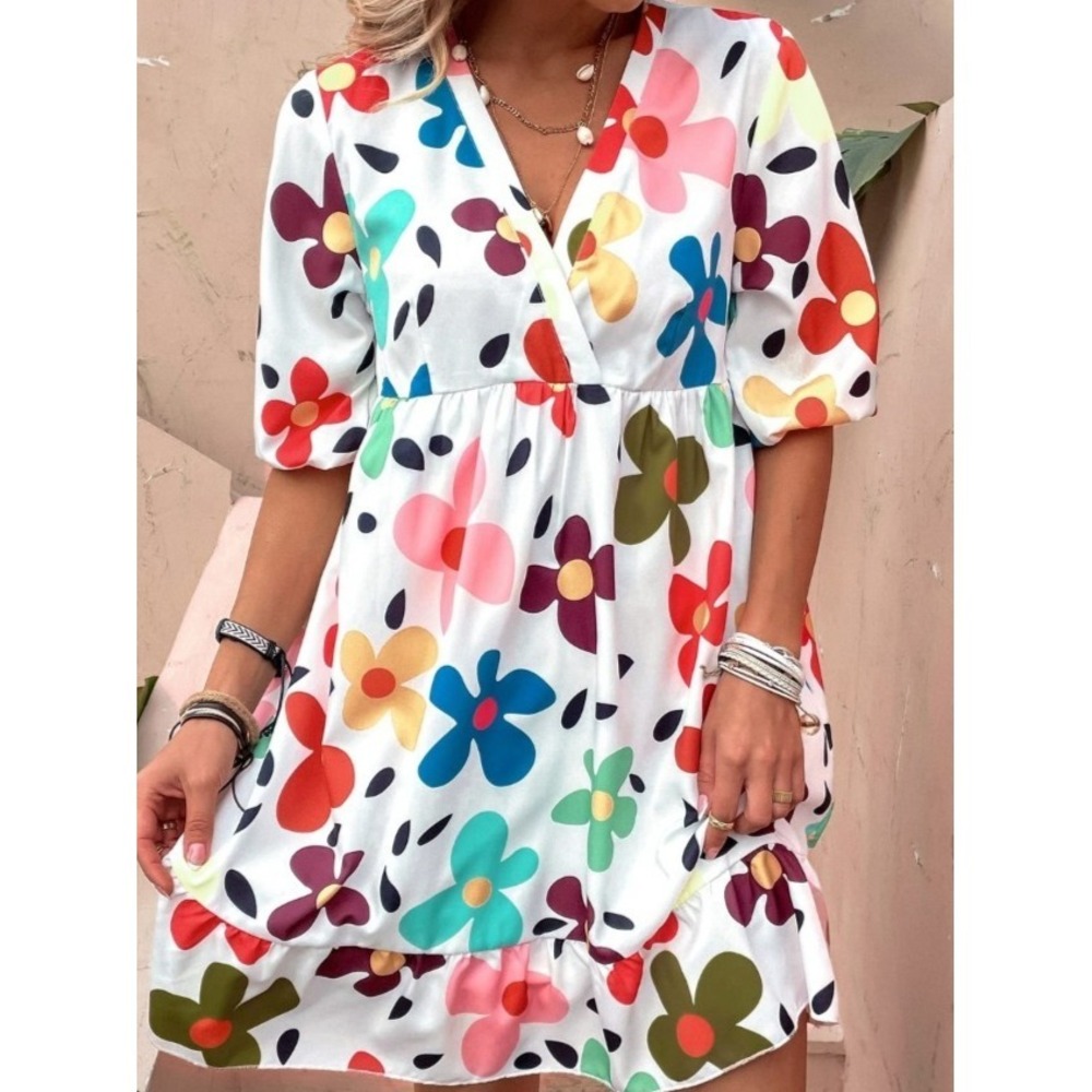 WOMENS M Balloon Flowy Mini FLORAL DRESS Colorful Lined Garden Girl Summer Chic